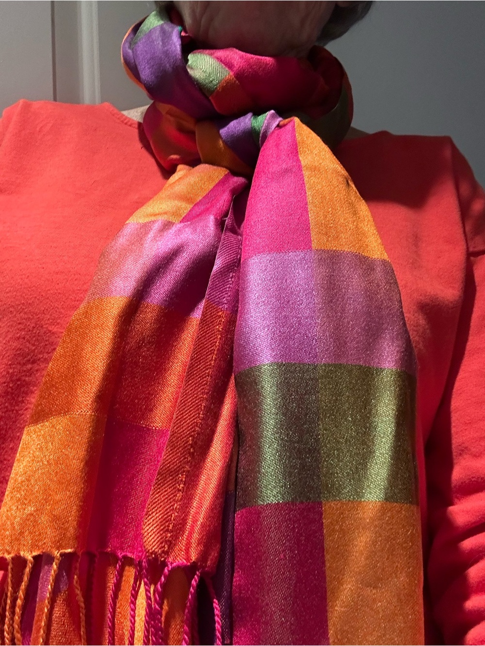 Vibrant Multicolor Silk Scarf with Fringe - Picture 6 of 6